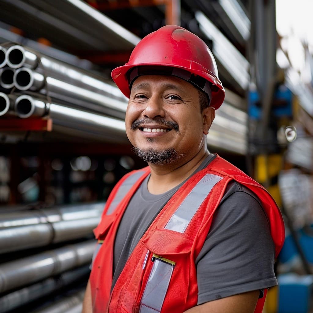 Hombre sonriente con casco rojo y chaleco de seguridad, frente a un fondo de Tubería de Acero Inoxidable en un entorno industrial.